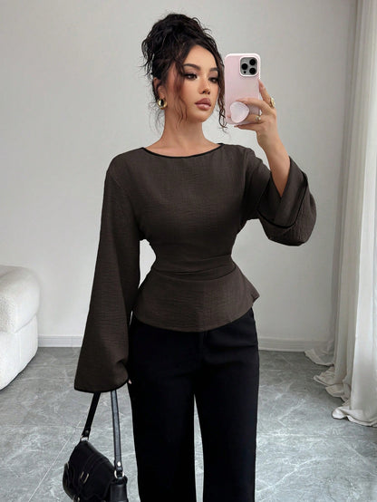 Women's Elegant Boat Neck Bell Sleeve Cinched Waist Blouse