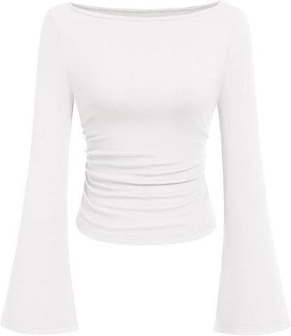 Women's Ruched Boat Neck Bell Sleeve Ribbed Top