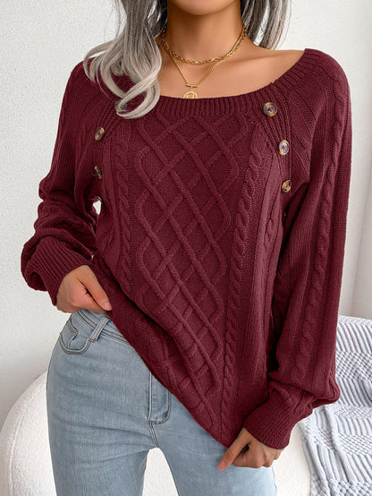 2025 Fall Winter Casual Square Neck Button Detail Cable Knit Sweater