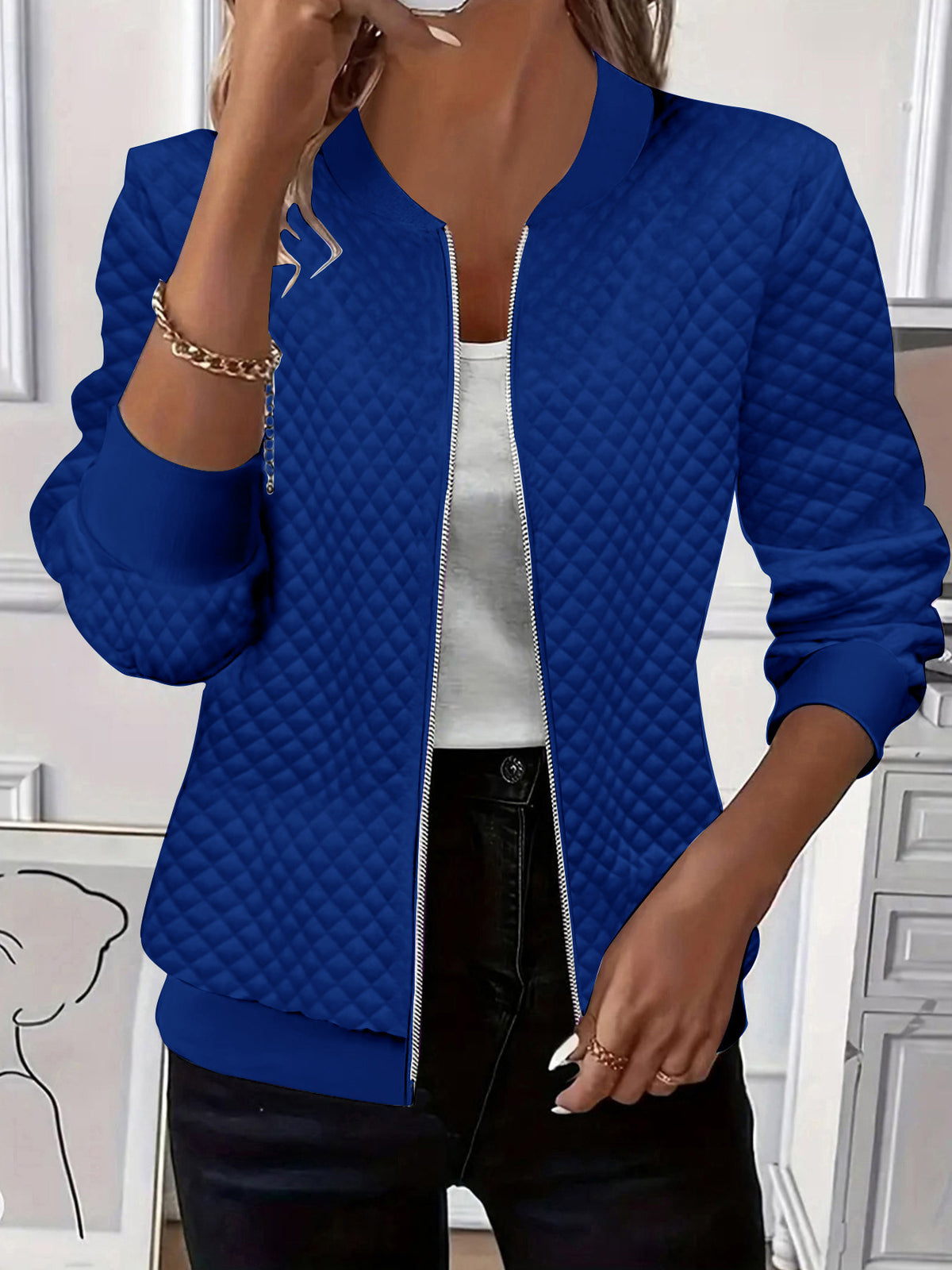 Women Quilted Zip Up Jacket Casual Lightweight Long Sleeve
