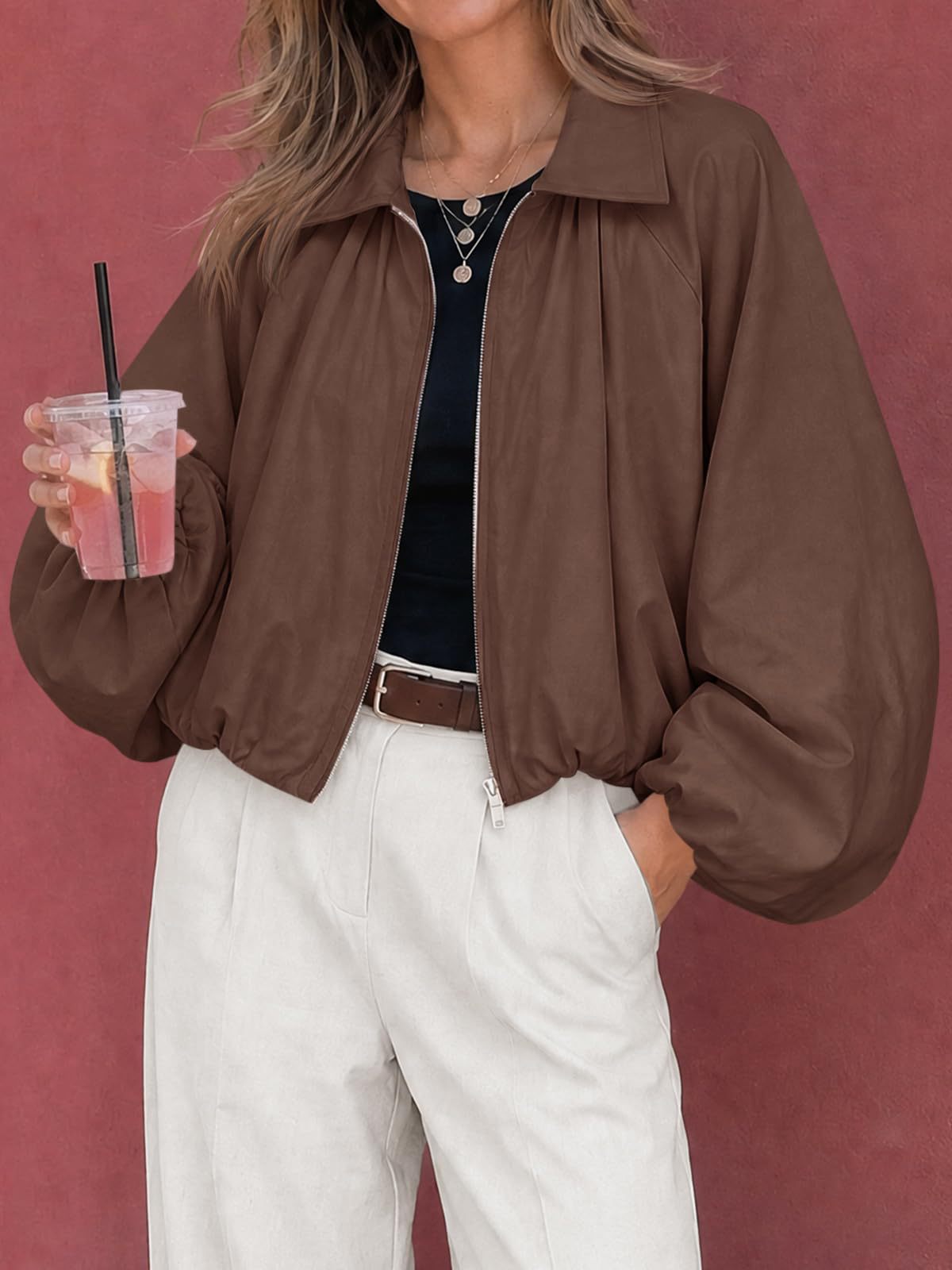 Women's Oversized Zip Up Cropped Jacket Puff Sleeve