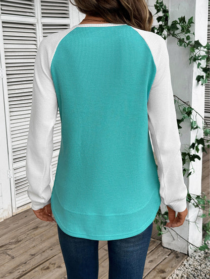 Colorblock Waffle Knit Long Sleeve Top Women Casual Tee