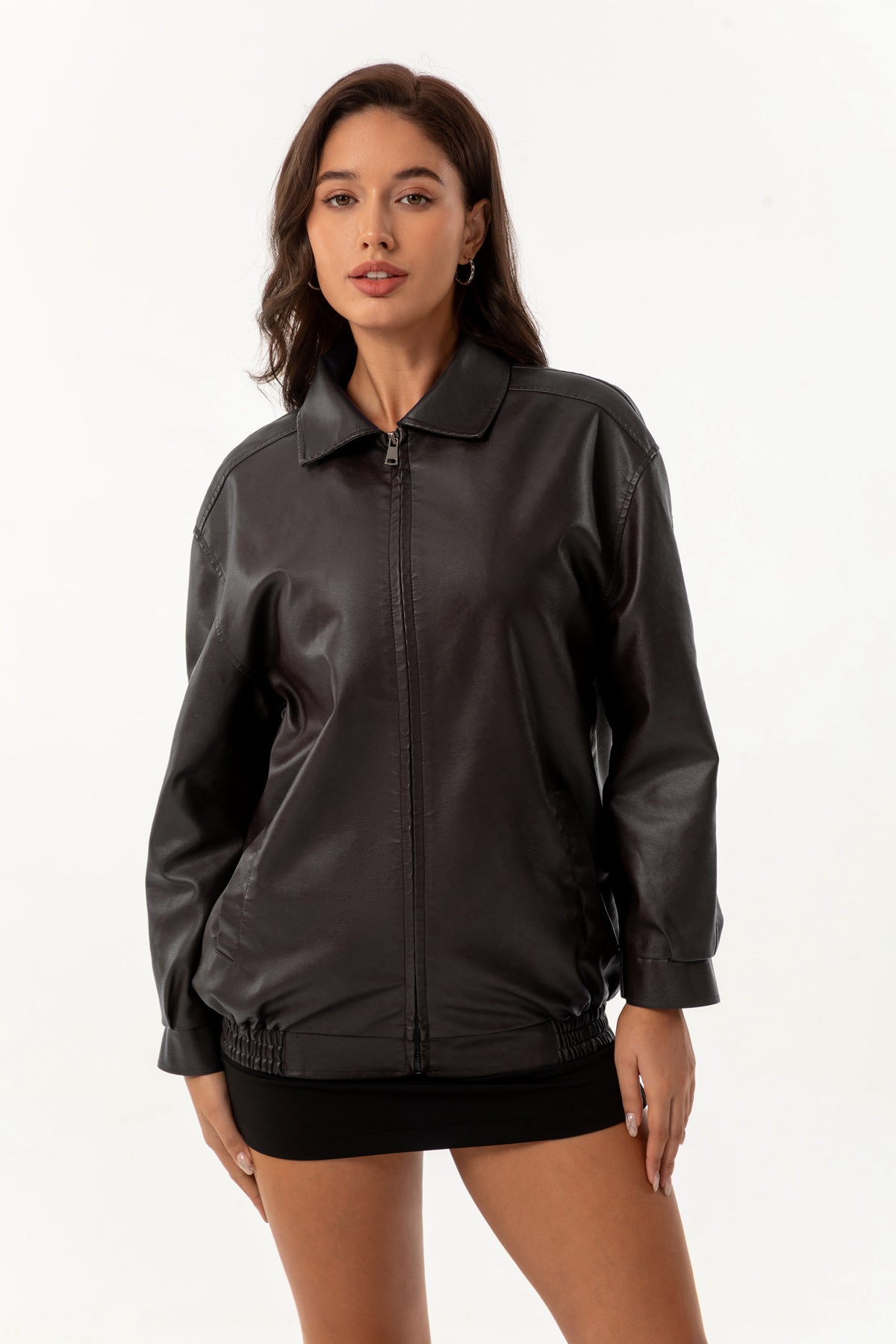 Womens Oversized Faux Leather Jacket Zip Up Casual