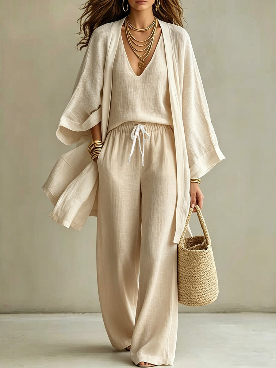 Women's Linen 3 Piece Set Kimono Cardigan Wide Leg Pants