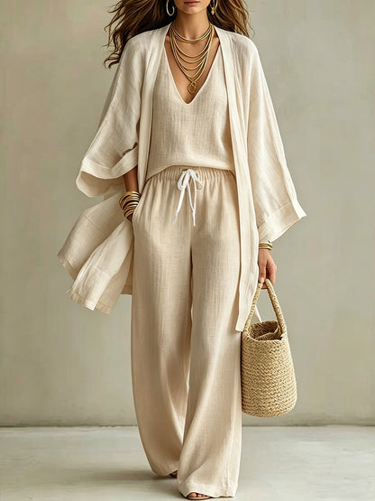 Women's Linen 3 Piece Set Kimono Cardigan Wide Leg Pants