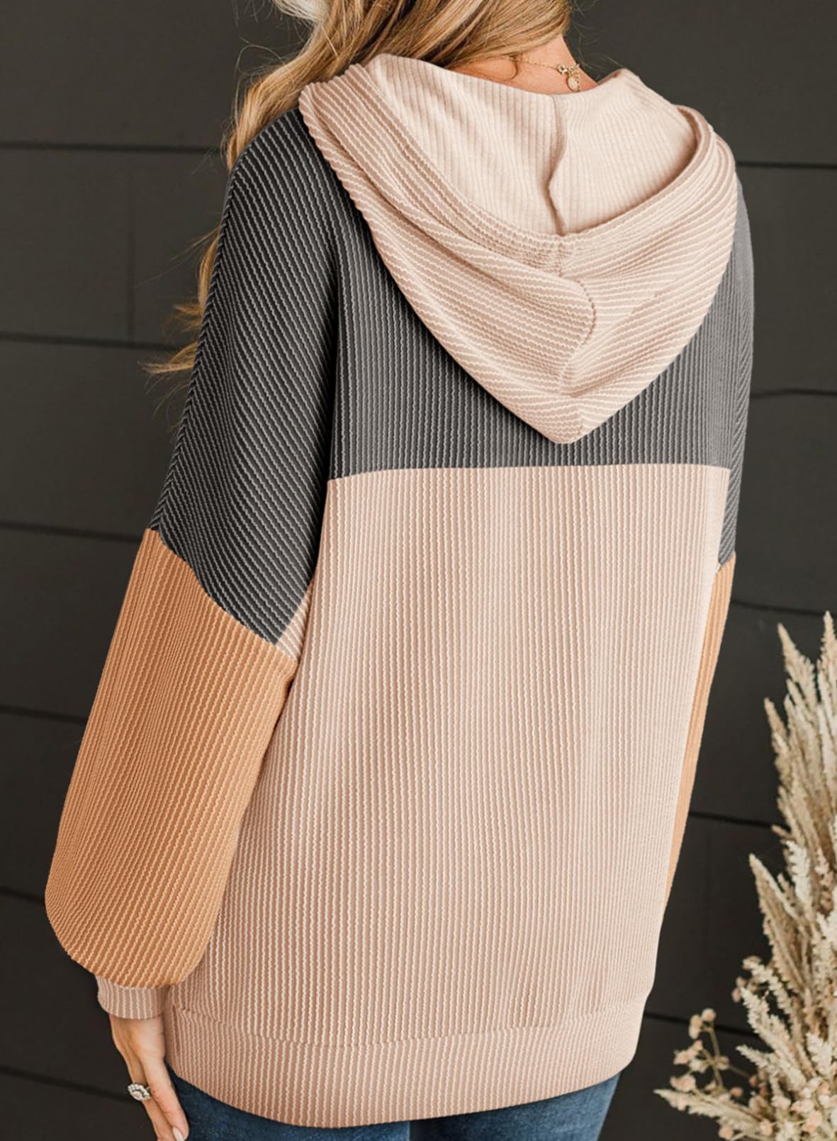 Color Block Ribbed Knit Hoodie Long Sleeve Sweatshirt