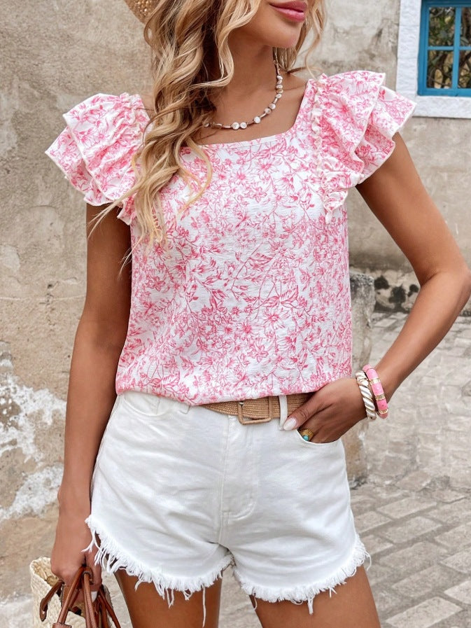 Floral Print Flutter Sleeve Blouse Square Neck Summer Top