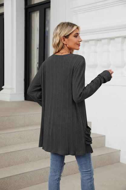 Women's Long Sleeve Ribbed Open Front Cardigan Pockets