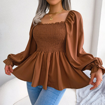 Smocked Square Neck Bell Sleeve Ruffle Peplum Top