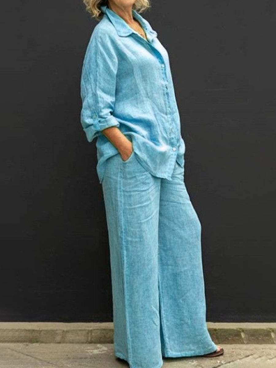 Women's Cotton Linen Shirt & Wide Leg Pants Matching Set