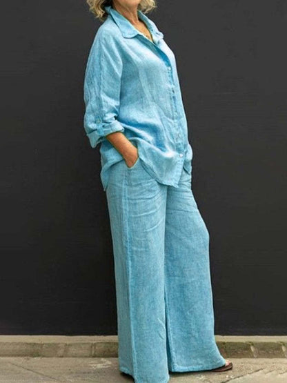 Women's Cotton Linen Shirt & Wide Leg Pants Matching Set