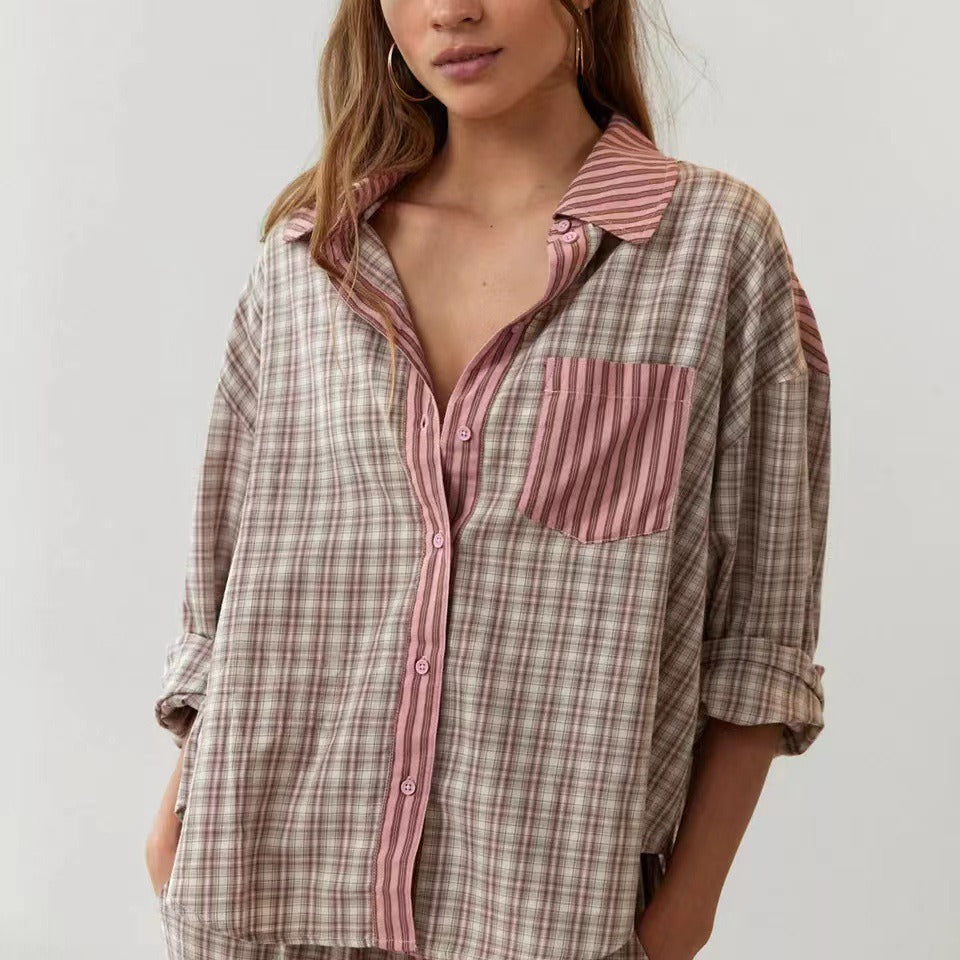 Women's Plaid Shirt Pants Matching Lounge Set