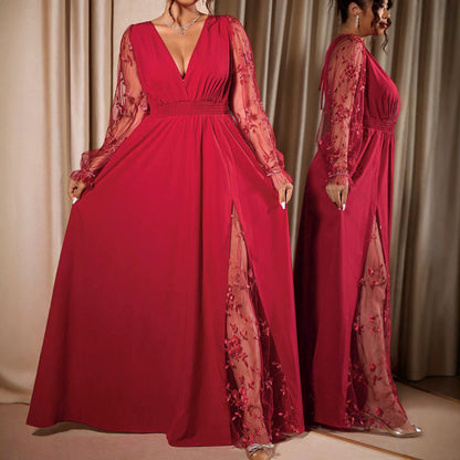 Plus Size Lace V Neck Slit Evening Maxi Dress