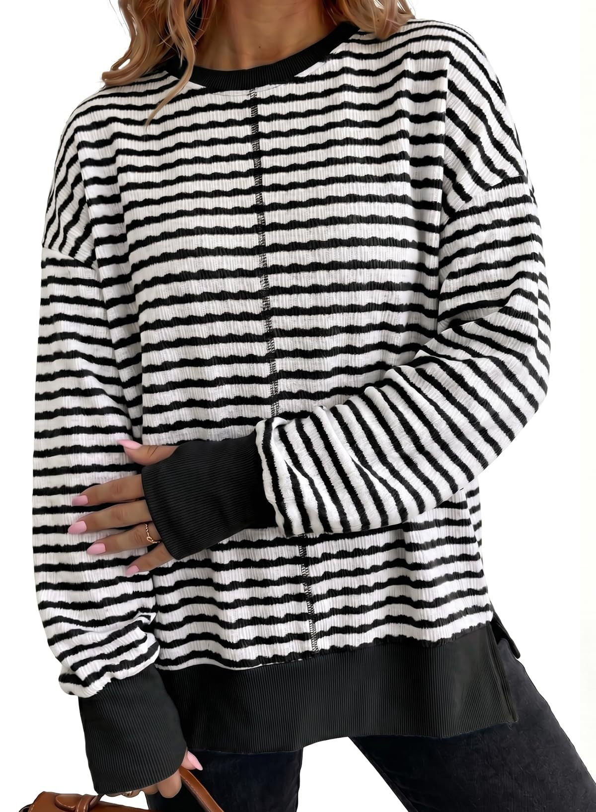 Women's Oversized Striped Crewneck Sweatshirt Side Slit