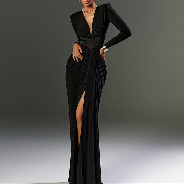 Black Sexy Deep V Long Sleeve High Slit Maxi Dress