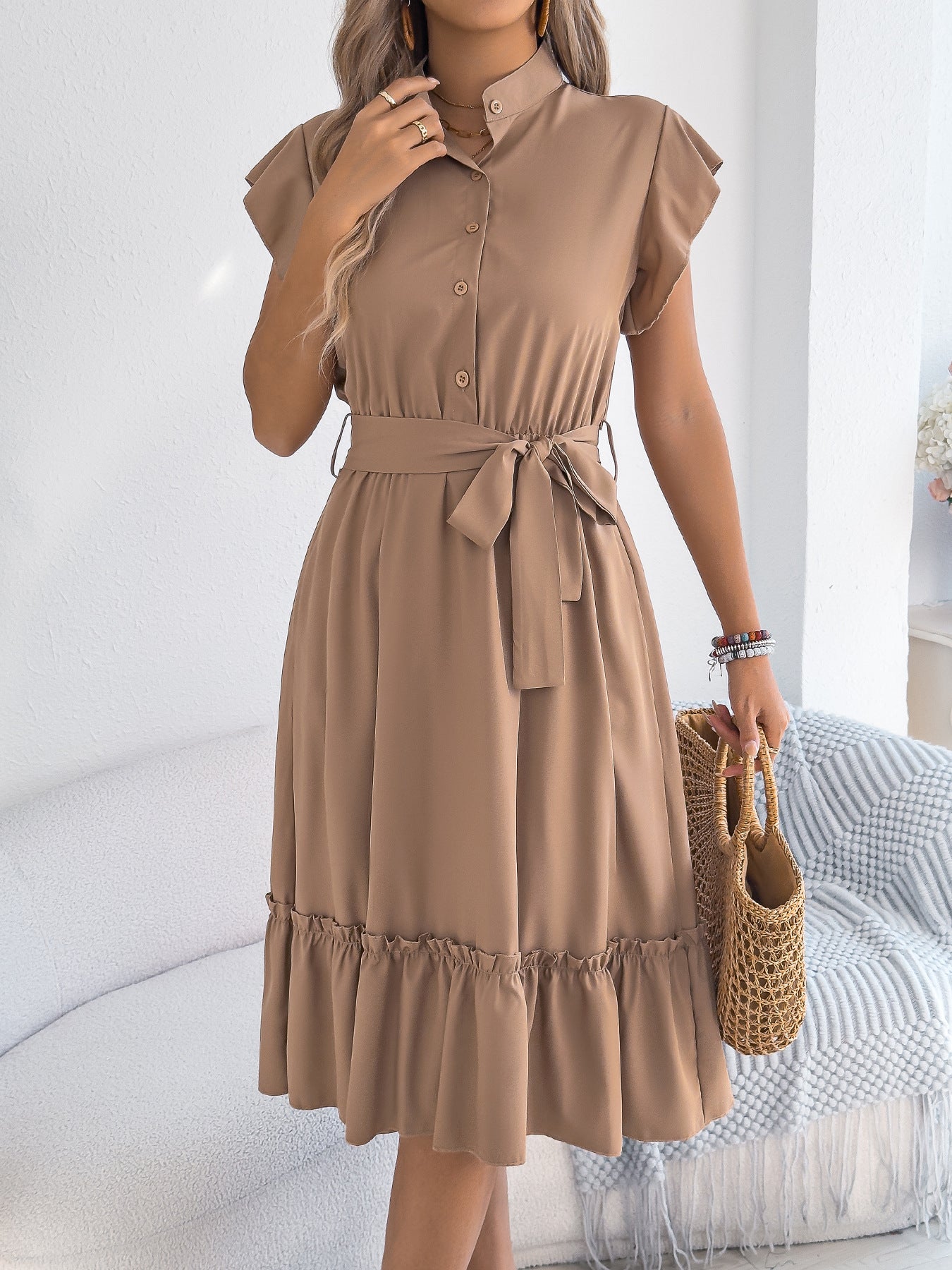 Tie Waist Ruffle Hem Midi Shirt Dress for Women