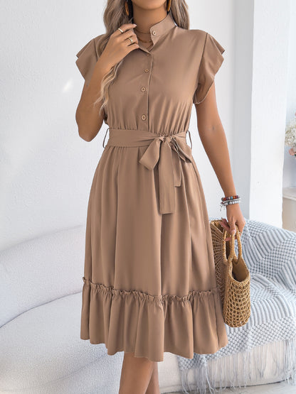 Tie Waist Ruffle Hem Midi Shirt Dress for Women