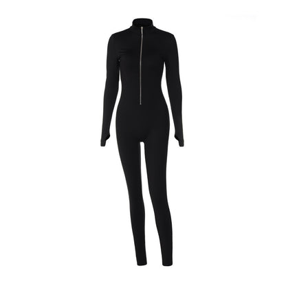 Zip Front Bodycon Jumpsuit Long Sleeve High Waist Yoga