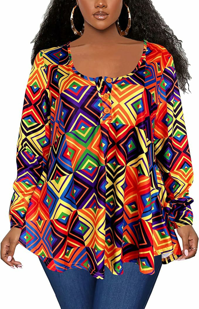 Plus Size African Print Long Sleeve Henley Tunic Top