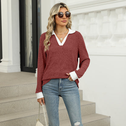 Women's Oversized Contrast Collar V Neck Long Sleeve Top