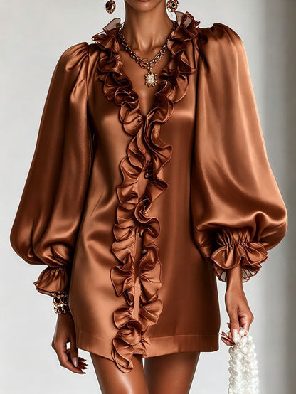 Women's Puff Sleeve Ruffle Deep V-Neck Mini Dress