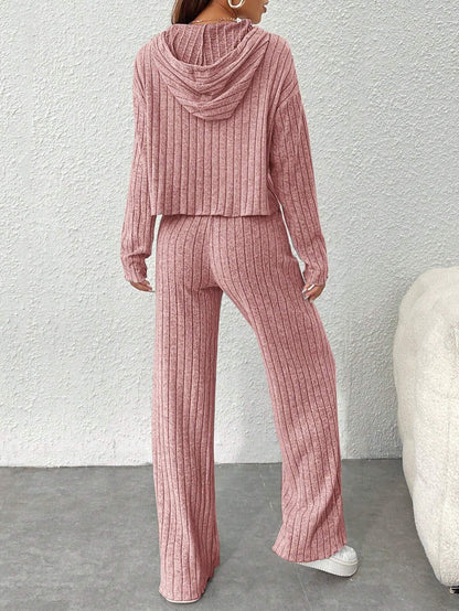 Women's Ribbed Knit Hoodie Wide Leg Pants Lounge Set