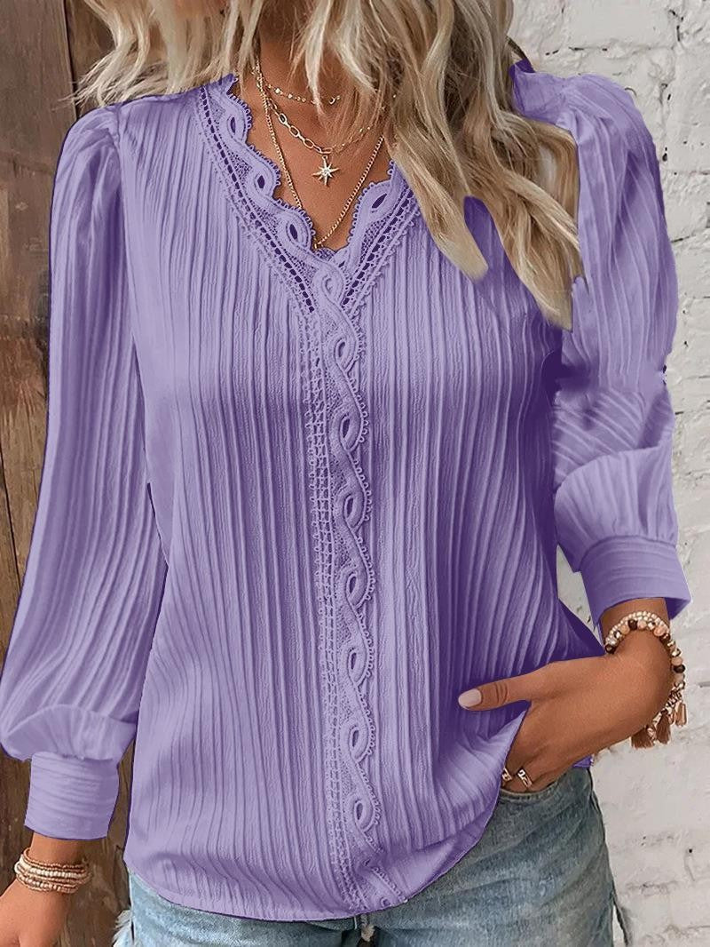Women V Neck Eyelet Lace Puff Sleeve Blouse