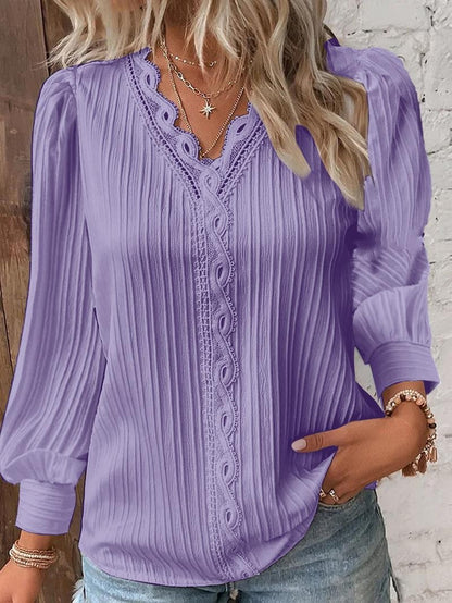 Women V Neck Eyelet Lace Puff Sleeve Blouse