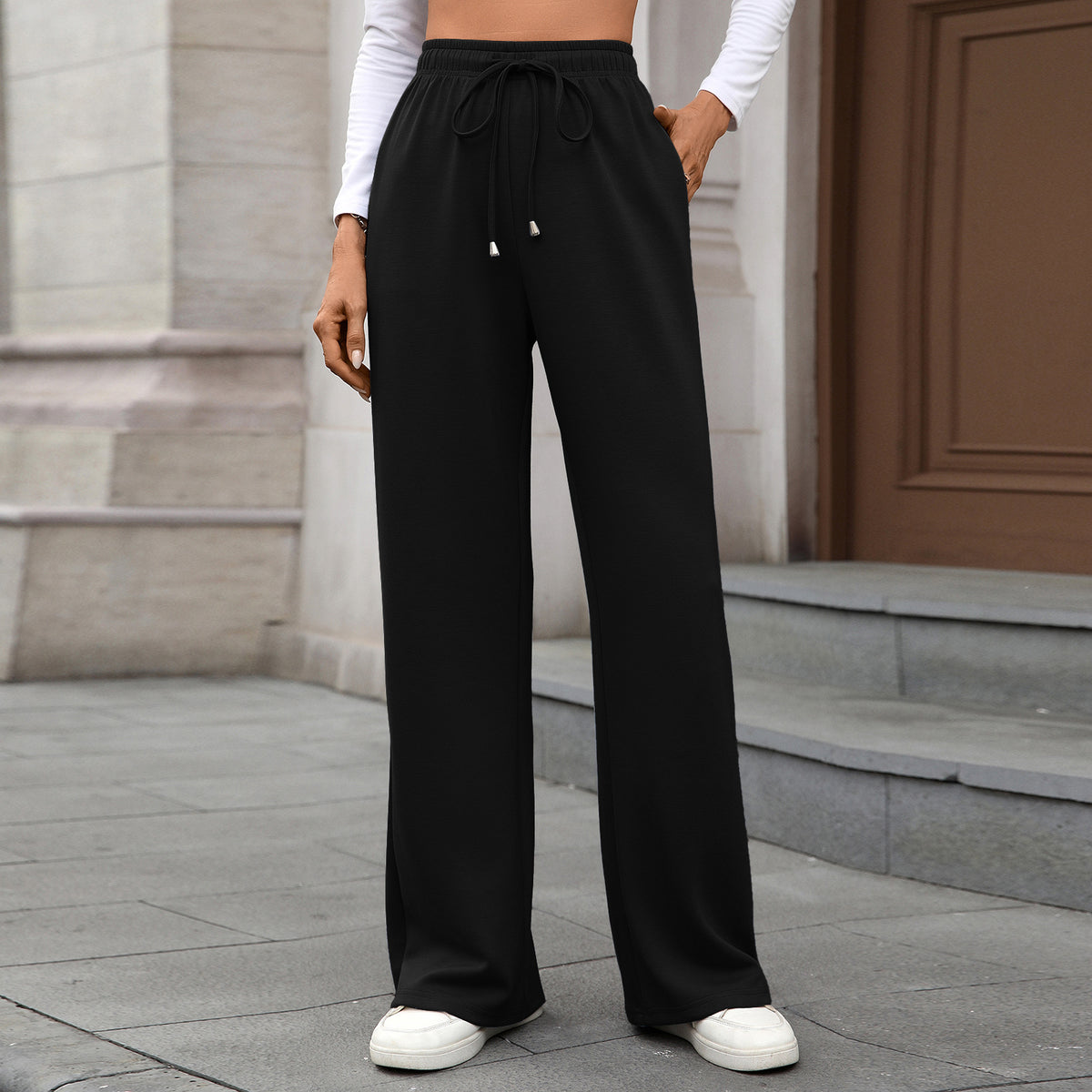 Womens Wide Leg Pants Elastic Waist Drawstring Pockets