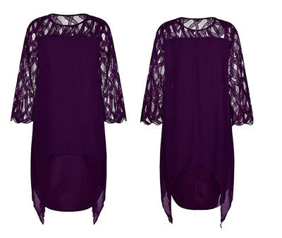 Plus Size Lace Chiffon Midi Dress Asymmetrical 3/4 Sleeve