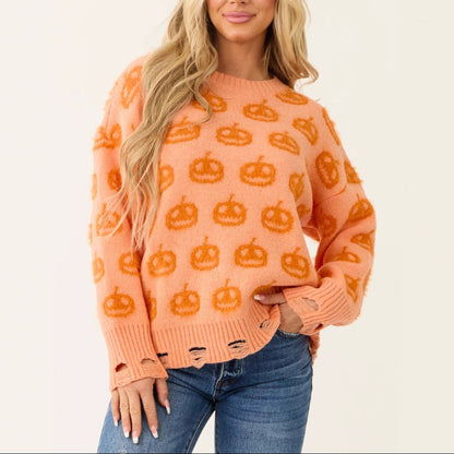 Women's Oversized Pumpkin Halloween Distressed Sweater