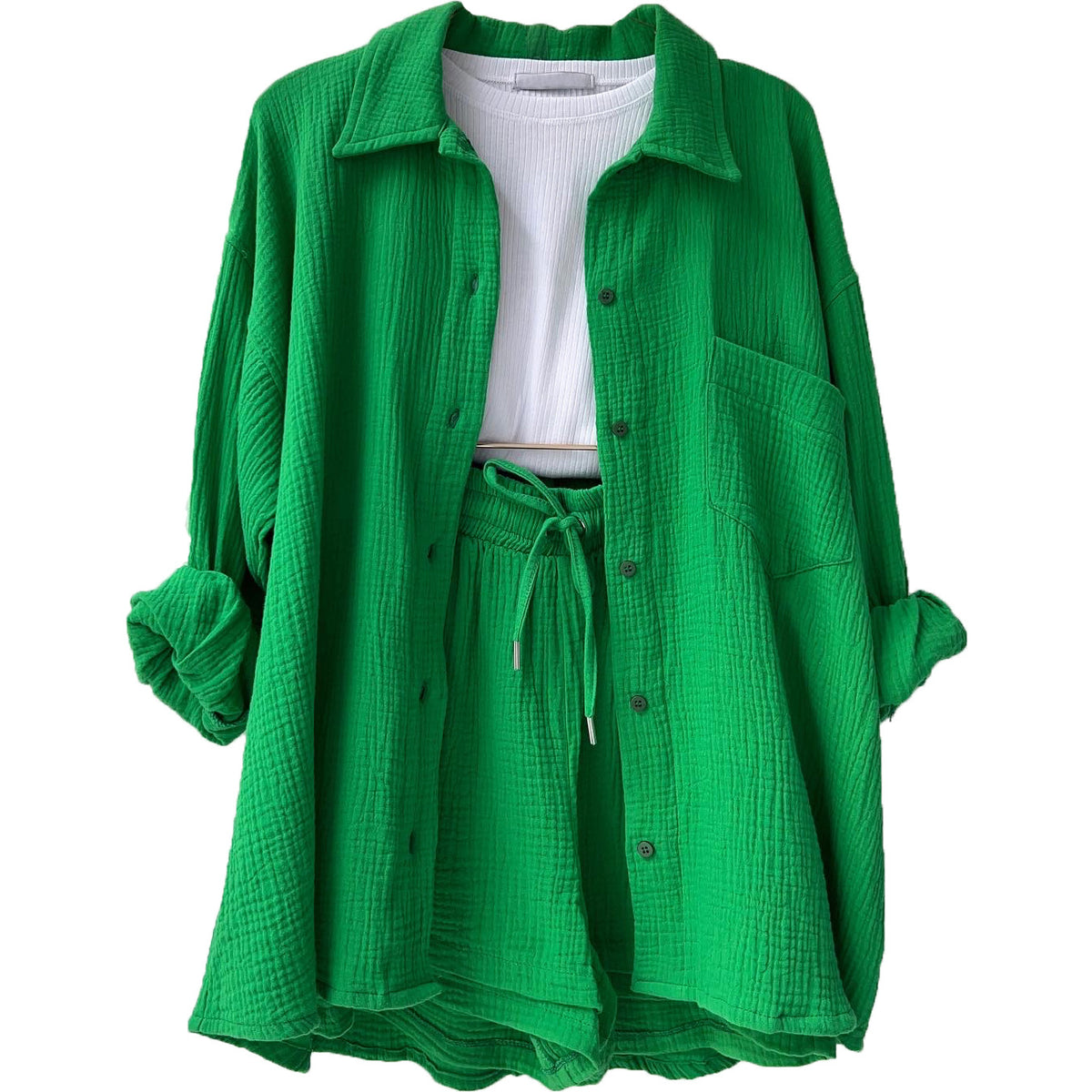 Women's Textured Shirt & Drawstring Shorts Matching Set