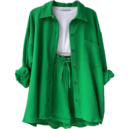 Women's Textured Shirt & Drawstring Shorts Matching Set