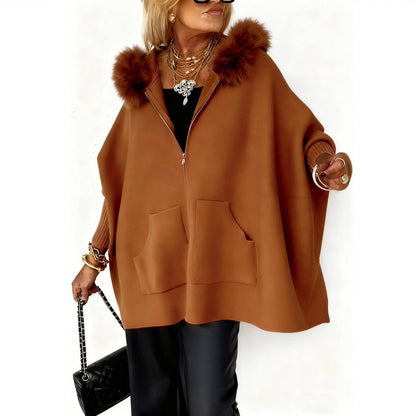 Oversized Faux Fur Hood Zip Up Knit Cardigan Pockets