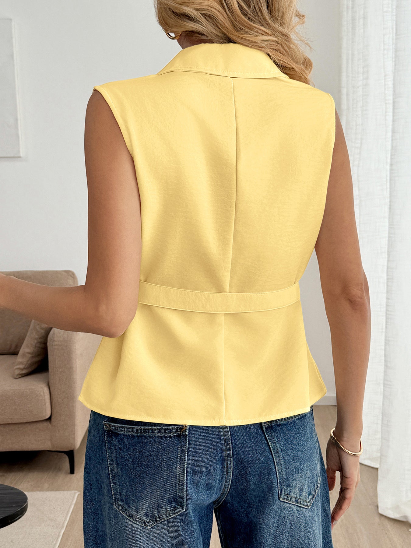 Yellow Sleeveless Button Down Belted Blouse Top