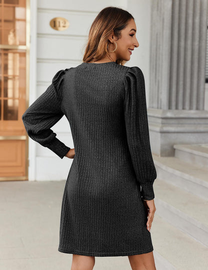 Brushed Rib Knit Long Sleeve Casual A-Line Sweater Dress