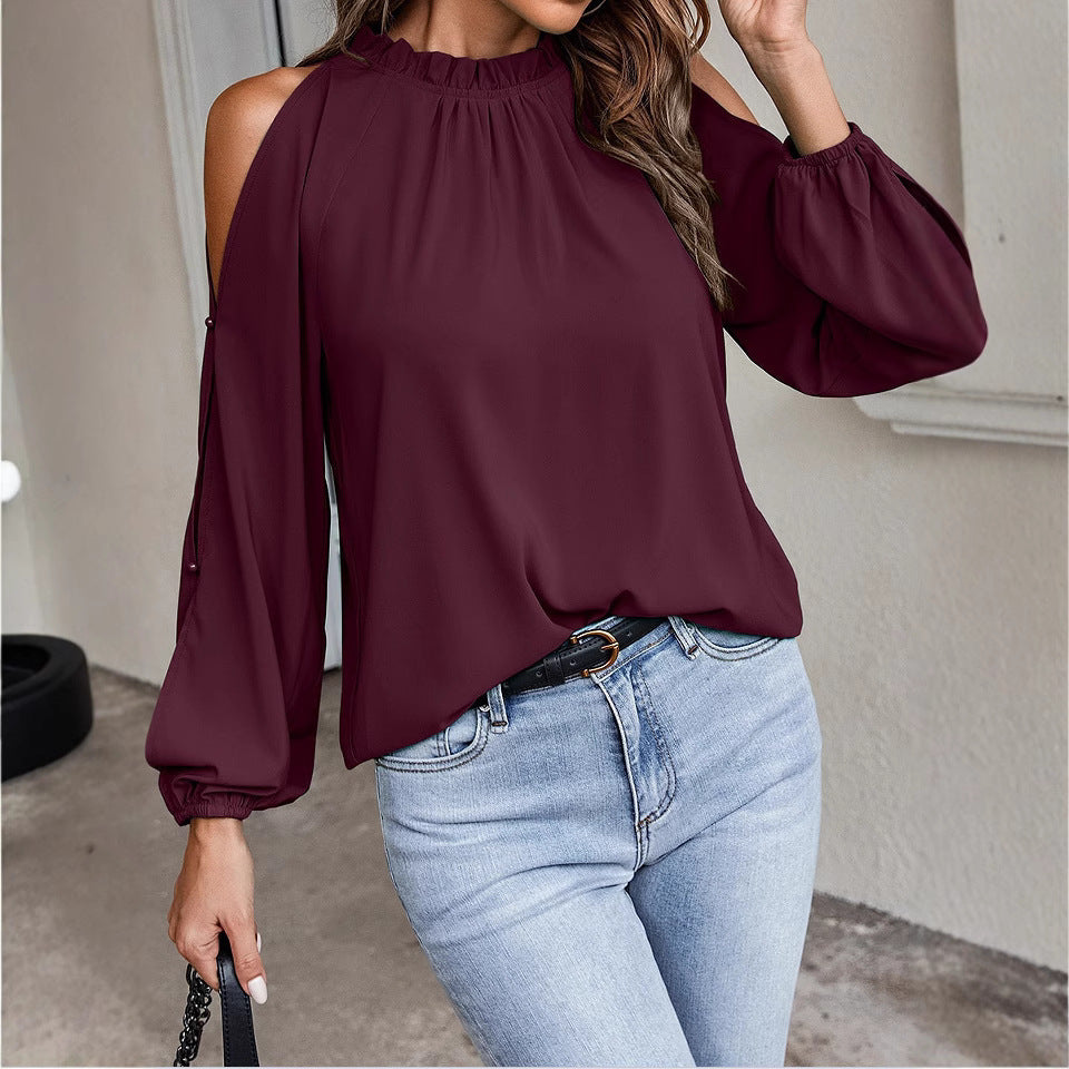 Ruffle Mock Neck Cold Shoulder Chiffon Blouse