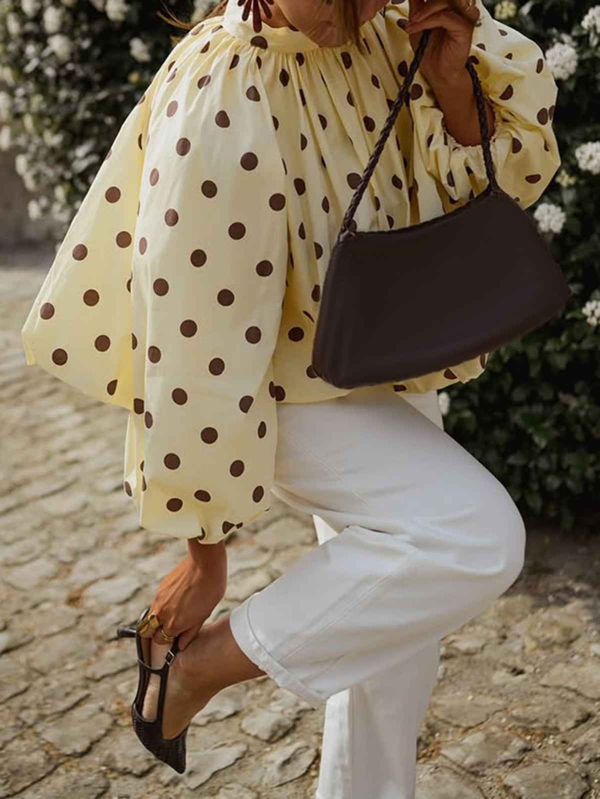 Yellow Polka Dot Puff Sleeve Open Back Blouse