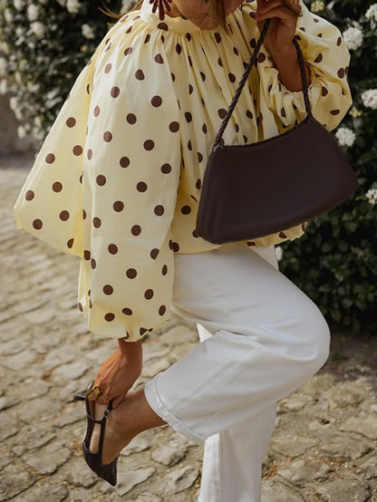 Yellow Polka Dot Puff Sleeve Open Back Blouse