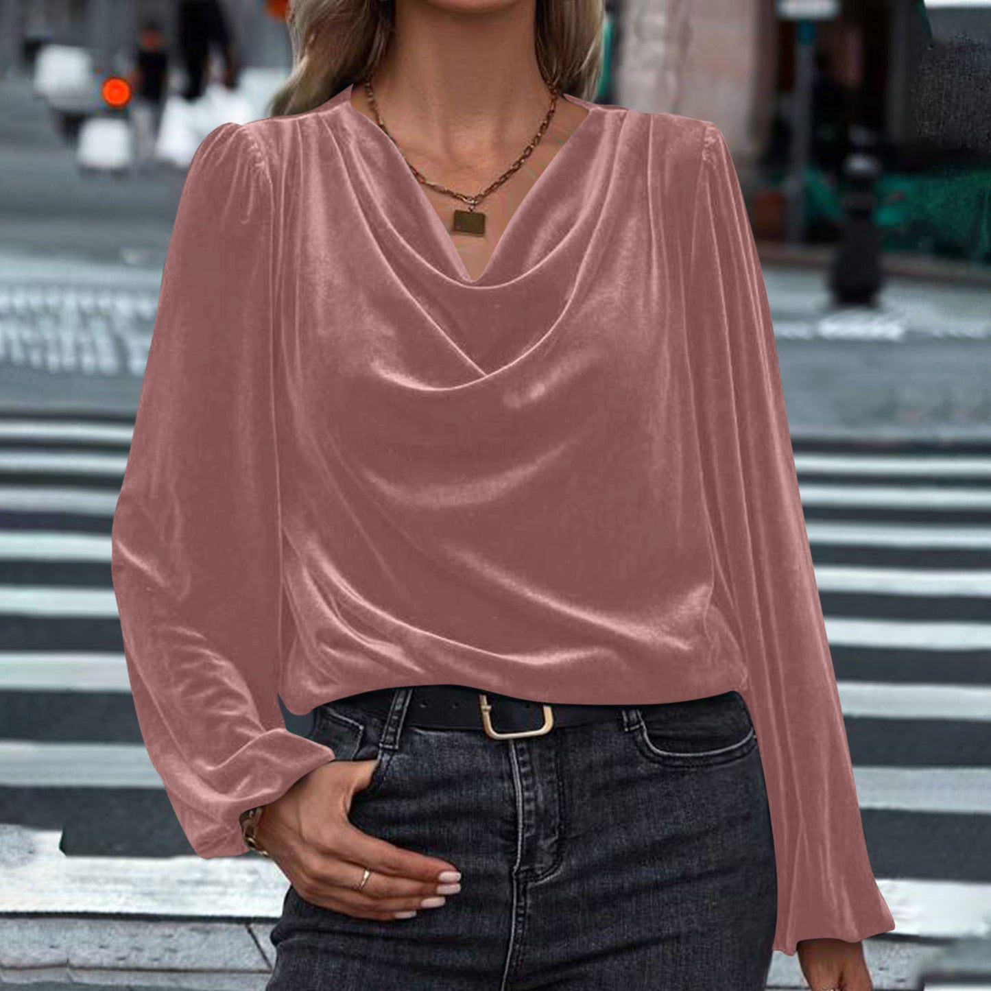 Women's Velvet Cowl Neck Long Sleeve Blouse