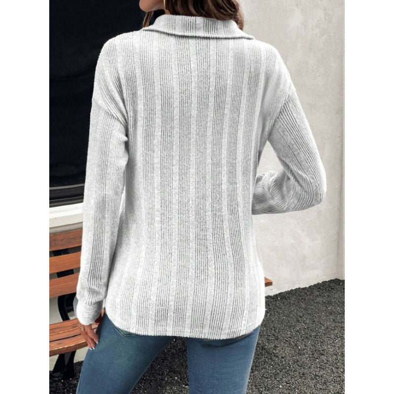 Ribbed Knit Collared V Neck Button Pullover Sweater