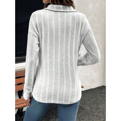 Ribbed Knit Collared V Neck Button Pullover Sweater