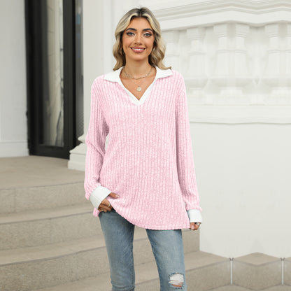 Women's Oversized Contrast Collar V Neck Long Sleeve Top