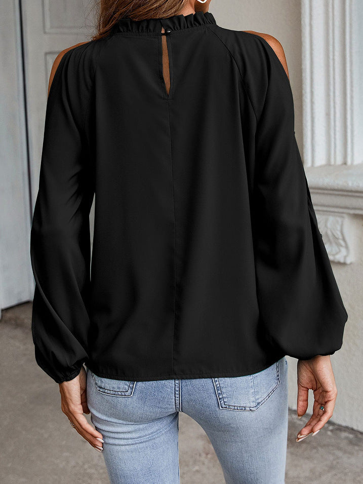 Ruffle Mock Neck Cold Shoulder Chiffon Blouse