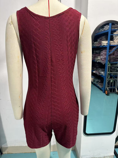 Textured Button Tank Romper Sleeveless Pocket Lounge Set