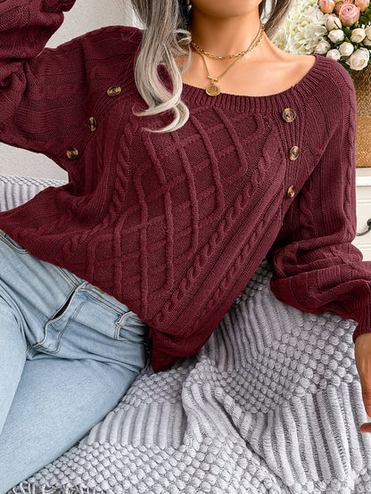 2025 Fall Winter Casual Square Neck Button Detail Cable Knit Sweater