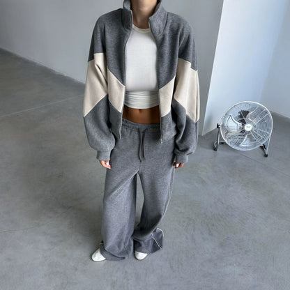Women's Colorblock Zip Jacket Wide Leg Sweatpants Set