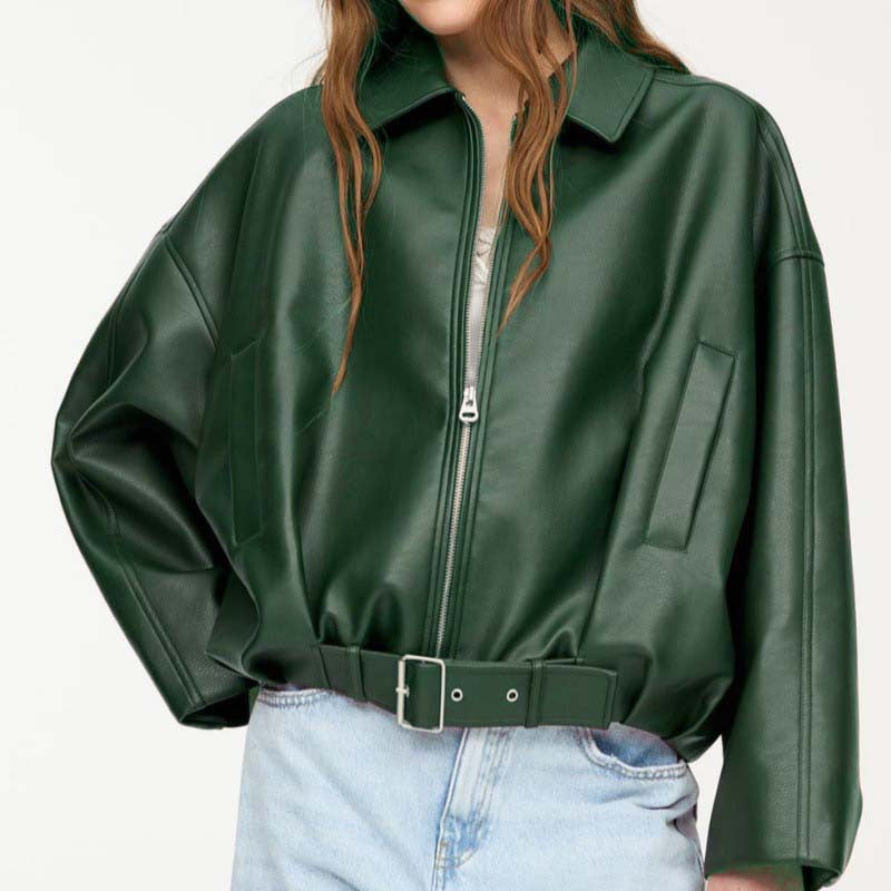 Women's Oversized Faux Leather Bomber Jacket Vintage
