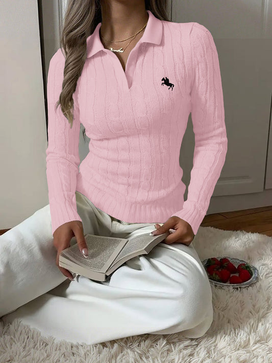 Women's Cable Knit Polo Collar Sweater Top