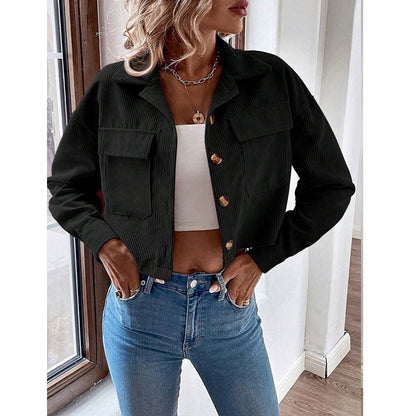 Women's Corduroy Cropped Jacket Button Front Long Sleeve